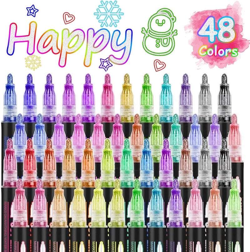 Markers لامعة مزدوجة الخطوط 48 لون - أقلام رسم معدنية ذاتية الخطوط لبطاقات عيد الميلاد، هدايا عيد الميلاد، فنون الحرف اليدوية DIY